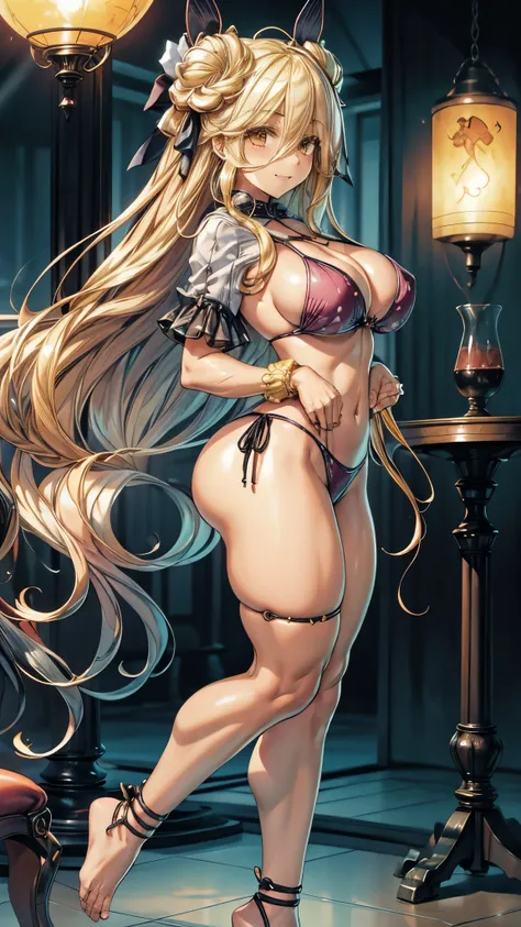 Mukuro is a beautiful young woman with a voluptuous body, having a bust that is considered disproportionately large for your physical age. She has golden eyes combined with flowing blonde hair that is longer than her own body.. She ties her hair in an Odan...