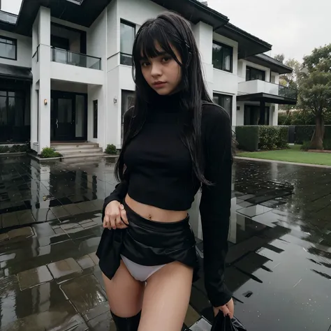 kid girl all wet with Black long hair with bangs wearing a black turtleneck and black skirt and black pantyhosea white modern mansion in the background on a rainy day