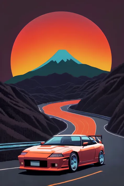 a car driving down a road with a mountain in the background, art deco outrun anime aesthestic, japanese art on behance, outrun art style, wallpaper mobile, japanese inspired poster, epic retrowave art, retrowave art, masterpiece epic retrowave art, inspire...