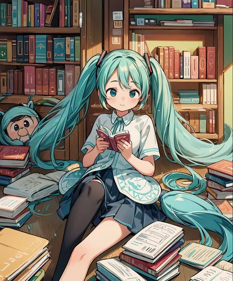 (masterpiece、highest quality、highest quality、official art、beautiful beautiful:1.2)、(1 girl:1.3)Hatsune Miku、twin tails,library、I read a book、beautiful breasts、Large bookshelf