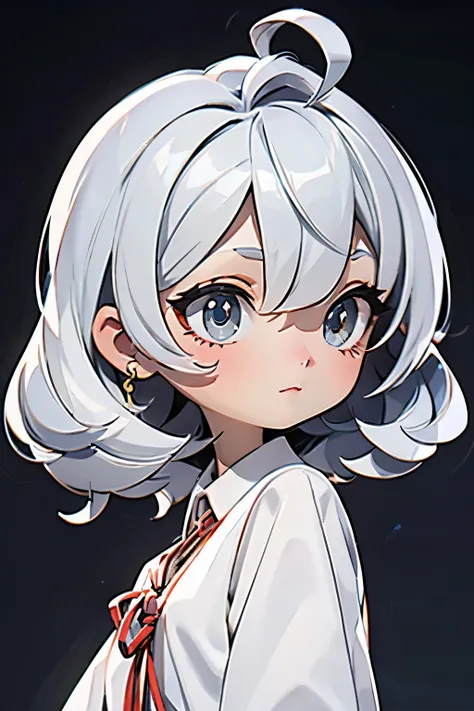 Chibi character depicted in full-length illustration showing glossy silver short hair with pronounced ahoge, bangs lay softly between eyes of bright silver hue, detailed eyes and facial features, dressed in Japanese school uniform on minimalist background,...