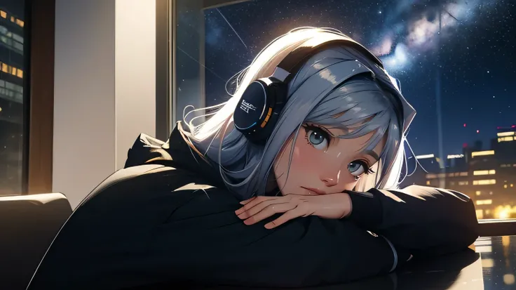 library,  Sit by the window, wearing headphones, take a pensive posture, look at the stars, My head got stuck in the glass, night city, beautiful starry sky, Beautiful girl, UHD Portraits, (high quality) (ultra detail) Observation of a viewer wearing hip-h...