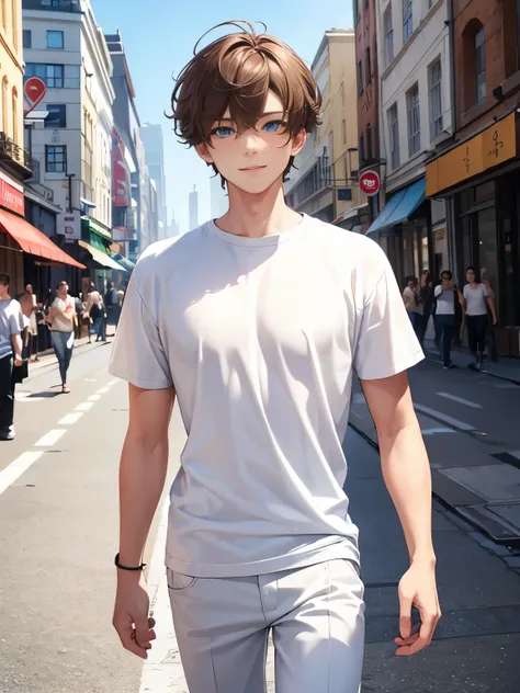 1boy,guy,blue eyes,Walk,look away, smile,during the day,In city,half body photo,Curly hair,medium hair,undercut hairstyle,light brown hair,Plain t-shirt, white t-shirt,white trousers,ultra detail, perfect face, hd face, detailed face, masterpiece 