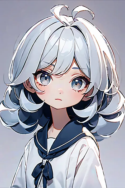 Chibi character depicted in full-length illustration showing glossy silver short hair with pronounced ahoge, bangs lay softly between eyes of bright silver hue, detailed eyes and facial features, dressed in Japanese school uniform on minimalist background,...