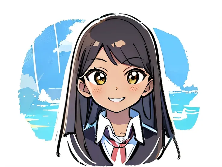 perfect anime illustration, of a woman having brown skin, big eyes, having long straight hair,, wearing school uniform, half bod...