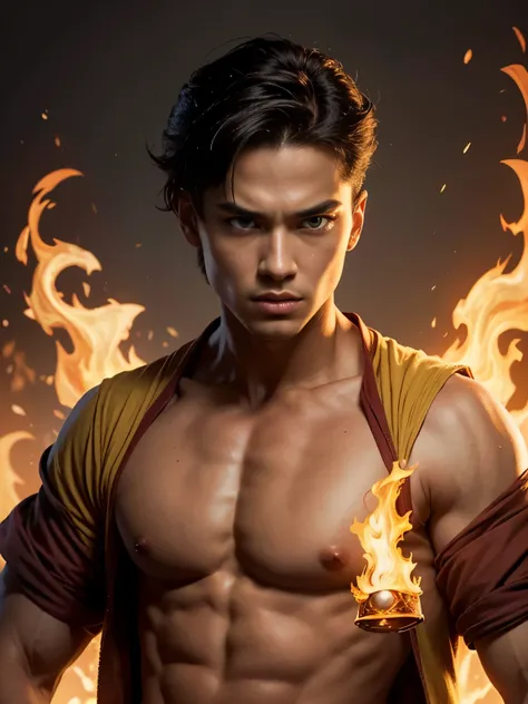 Photorealistic, masculine handsome male model, masculine Asian mix guy, mixed race, (angry:1.3), (young, 16 years old:1.5), ((best quality)), ((masterpiece)), (detailed), (barechested:1.4). Portrait of young Prince Zuko from "Avatar: The Last Airbender". p...