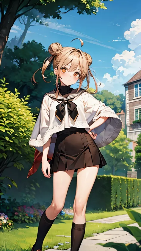 high quality masterpiece Accurate Anatomically correct, cute girl, Orange eyes sparkling eyes, brown Double bun ahoge, Left Hand on Hip, beautiful poncho, cute Mini skirt, Knee-high Socks loafers, cloudy english garden
