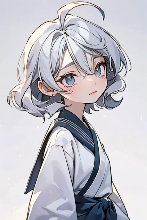 chibi character depicted in full-length illustration showing glossy silver short hair with pronounced ahoge, bangs lay softly be...