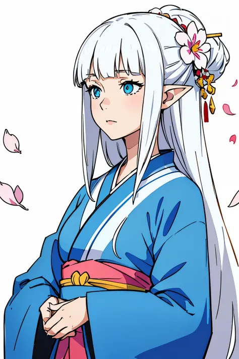 perfect image, best quality, watercolor, 1girl, kimono, flowers and petals, beautiful concept illustration, (white background:1.1), (open hair, long hair, straight hair, white hair, hime cut, blunt bangs, azure eyes, pointy ears:1.1),