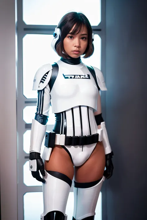 Incomparable masterpiece, perfect artwork, of a female Stormtrooper from Star Wars, clad in her distinctive armor with black thigh-high boots, posing boldly for a dynamic portrait. This hyperrealistic image boasts meticulously detailed RAW color art, showc...