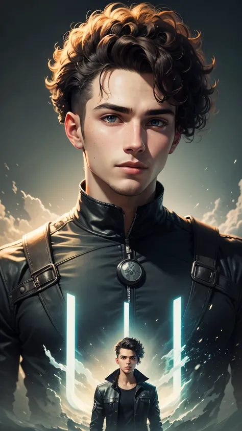 a portrait of a young man with curly undercut hair, Album cover art, artwork by Alastair Reynolds