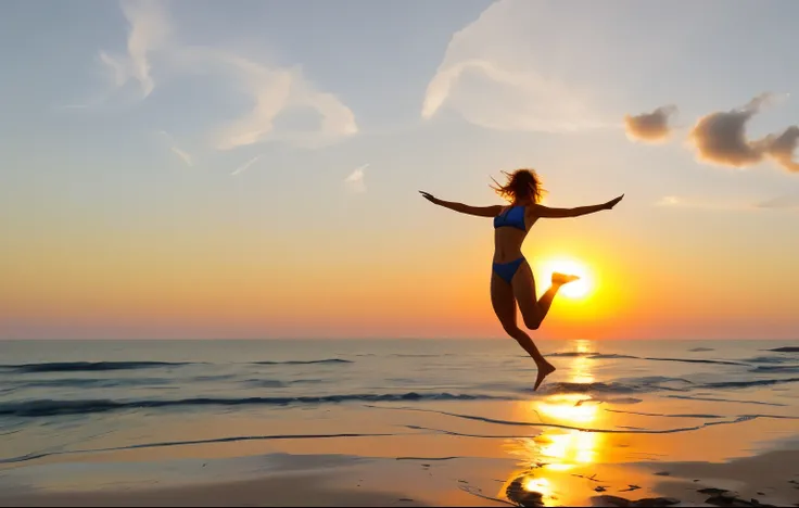 araffe jumping in the air on the beach at sunset, leaping with arms up, jumping for joy, jumping towards viewer, leaping into the air, bursting with positive energy, leaping, leaping towards viewer, horizontally leaping!!!, she expressing joy, she is float...