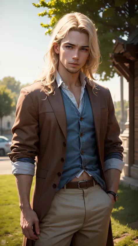 (best quality,4k,8k,highres,masterpiece:1.2),ultra-detailed,(realistic,photorealistic,photo-realistic:1.37),Mucha,front,portrait,boy with blond medium long hair,outdoors,backlight,soft light,medieval,France,holding red flag,looking up,red,blue,white,trouse...