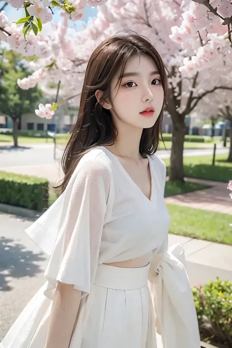 (最OK质量, masterpiece), 1 girl, korean girl，18 years old，simple beauty, amazing, In the park，Under the peach blossoms，noble,Perfect body, perfect face shape，charming eyes，big bright eyes，long eyelashes，sensual lips，White skin，（white gauze skirt，V-neck，The ga...