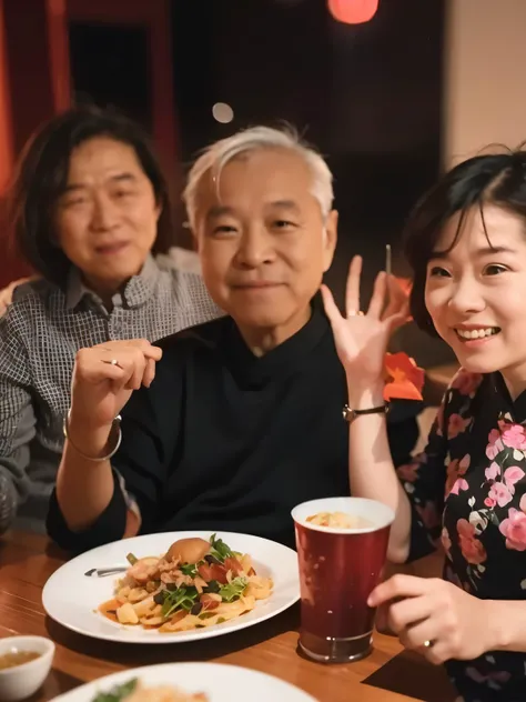 A 60-year-old man had a meal with friends in a senior community,television, Chinese old man, Warm and joyful atmosphere, A happy stills Chinese style
