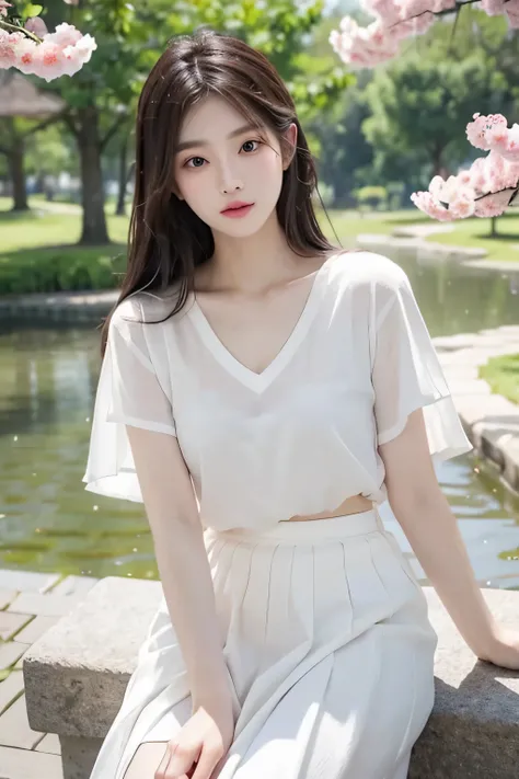 (最OK质量, masterpiece), 1 girl, korean girl，18 years old，simple beauty, amazing, In the park，Under the peach blossoms，noble,Perfect body, perfect face shape，charming eyes，big bright eyes，long eyelashes，sensual lips，White skin，（white gauze skirt，V-neck，The ga...