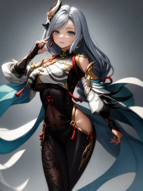 masterpiece, best quality, 1girl, shenhe (genshin impact), grey hair, long hair, hair ornament, blue eyes, low braided, puffy sleeves, gold trim, gloves, bodysuit, large breasts, breast curtain, shoulder cutout, covered navel, hip vent, clothing cutout, ta...