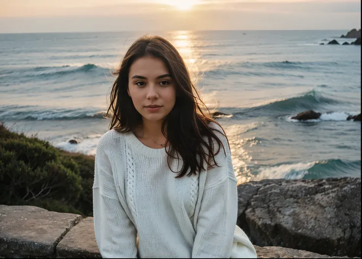 Beautiful girl in sweater posing with sea view at sunset