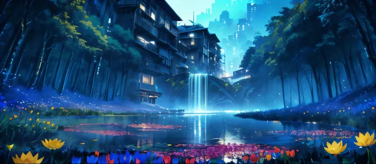 masterpiece, concept art, wide shot panoramic, a pond filled with lots of Himalayan Blue Poppys, city building in the background, cgsociety, nocturnal palette, standing on a lotus, (epic composition, epic proportion), rio de janeiro in an anime film, refle...