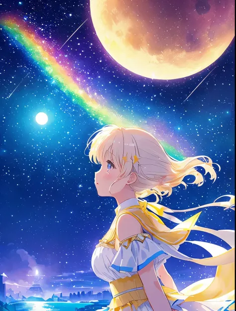 ((huge pale yellow moon))((A girl who looks up at her profile and is subjectively depicted))、((crying girl))、Profile girls、On a multicolored background、Painting of a river with stars and moon in a rainbow sky、Shining skyscrapers、shine all over、Concept art ...