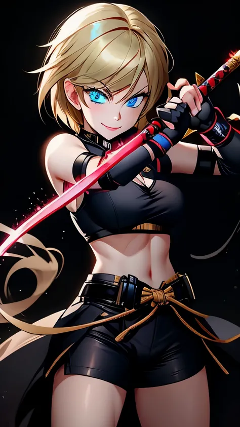 girl holding a katana, bigger katana, perfect smile, fighting pose, skimpy , perfect hands, fingerless gloves, perfect fingers, perfect katana glowing l, perfect eyes, Blue eye