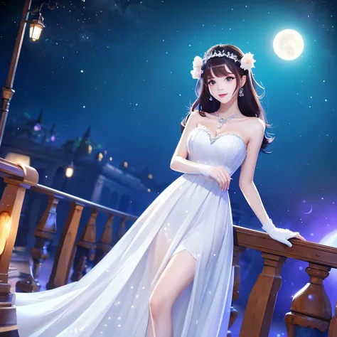 moon　pretty girl　fantasy　white dress　An illustration