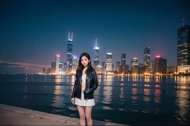 ulzzang-6500-v1.1, (RAW photo:1.2), (Photoreal), (genuine:1.4), (muste piece), A night view of the Second City skyscrapers seen from Lake Michigan in the background、cyberpunk girl、majestic hall々、standing by the edge of the screen、