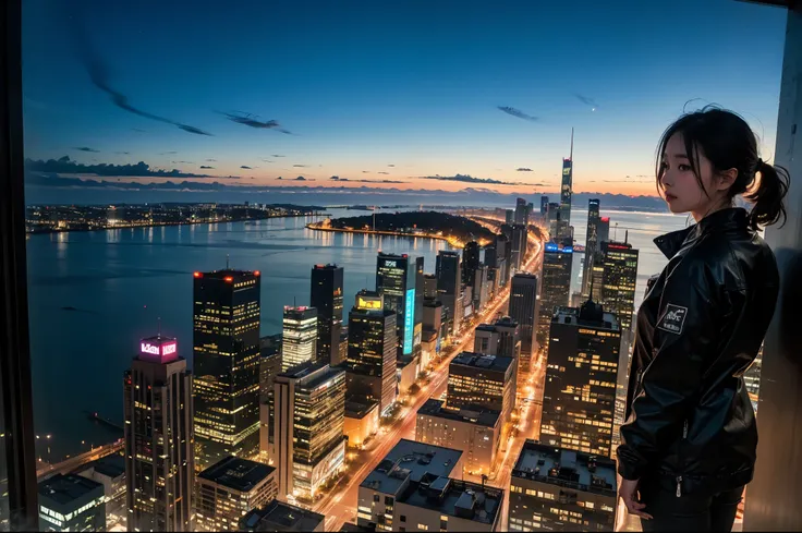 ulzzang-6500-v1.1, (RAW photo:1.2), (Photoreal), (genuine:1.4), (muste piece), A night view of the Second City skyscrapers seen from Lake Michigan in the background、cyberpunk girl、majestic hall々、standing by the edge of the screen、