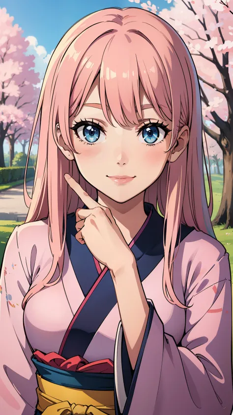 (masterpiece, best quality:1.2), pov, solo focus, upper body, 1girl, hand on anothers cheek, smile, pink hair, blue eyes, japanese clothes, kimono, cherry blossom trees