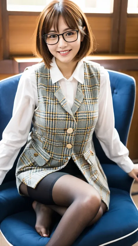 ulzzang-6500-v1.1, (RAW photo:1.2), (Photoreal), (genuine:1.4), (muste piece), A plain and quiet woman wearing glasses and a plaid vest., wear a skirt, with glasses, Slightly chubby body type、(super realistic pantyhose:1.2), thick glasses, Yoshitomo Nara, ...