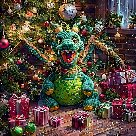 (la best quality,high resolution,super detailed,actual),cute knitted dragon，in the room，smiley face，christmas decoration，surroun...