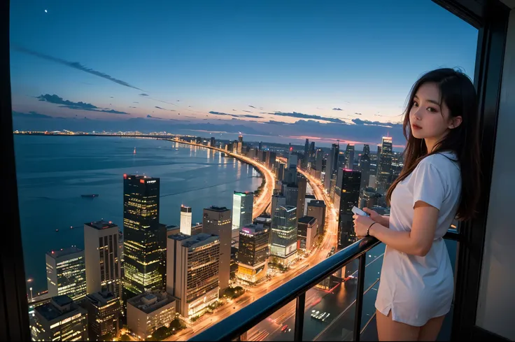 ulzzang-6500-v1.1, (RAW photo:1.2), (Photoreal), (genuine:1.4), (muste piece), A night view of the Second City skyscrapers seen from Lake Michigan in the background、(girl wearing latex dresajestic hall々、standing by the edge of the screen)、