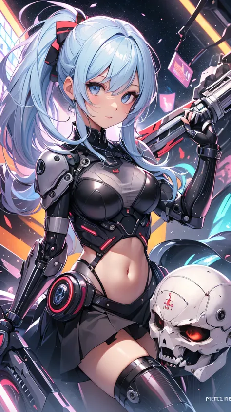 最high quality、best image quality、masterpiece、girl((cyborg、20-year-old、 By becoming、vest bust、medium bust,wide open breast tea、shining eyes, light blue hair、long hair、thin,highest valley、ponytail、robot body、Machine body、half-backed posture、floating state、me...