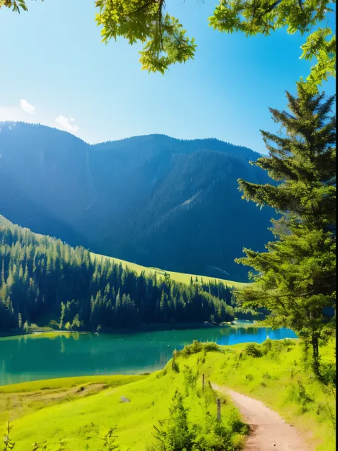 peaceful mountain landscape with a clear lake, surrounded by lush forests and a clear blue sky above.”