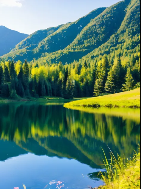 peaceful mountain landscape with a clear lake, surrounded by lush forests and a clear blue sky above.”