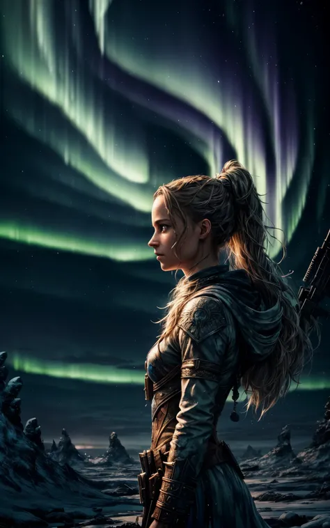 (Alicia Vikander) is Freya the nordic goddess, pale skin, messy, Full body, Beautiful anime waifu style girl, hyperdetailed painting, luminism, art by Carne Griffiths and Wadim Kashin concept art, Iceland background, northern lights, abstract beauty, appro...