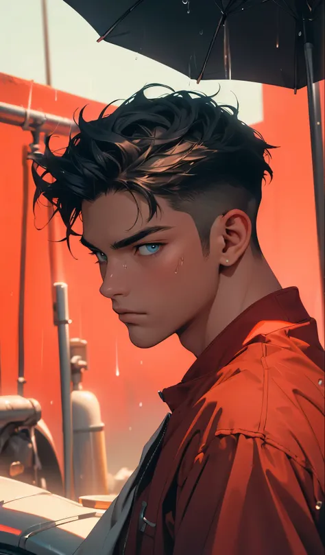 1boy,red background,absurdres,masterpiece,highres,intricately detailed,a gay man,sexy,muscular,strutting outdoors,gorgeous eyes,detailed face,pouring rain,outdoors,global illumination,subsurface scattering,