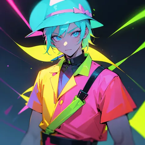 Neon boy wearing neon clothes and a neon bucket hat
