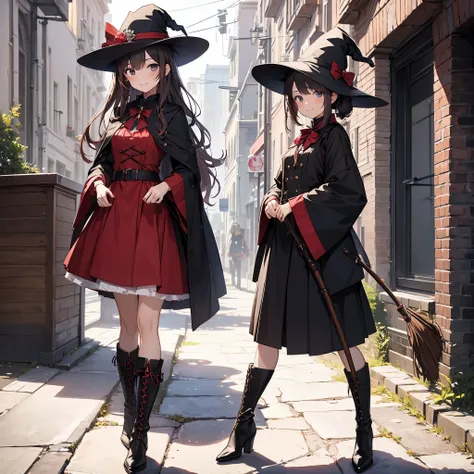 masterpiece,1 girl,alone,crimson_style_costume, May_costume, witch_have,brooch, boots,broom,holding_broom,Are standing,~ side,bust shot,witch,smile