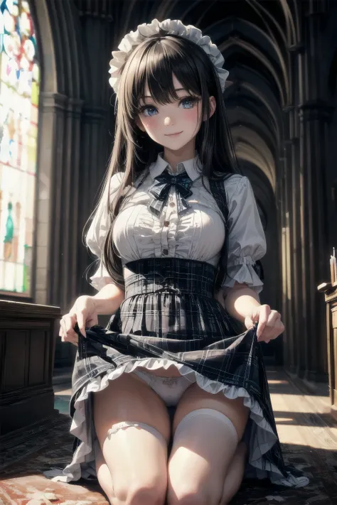 very cute and beautiful girl,(highly detailed beautiful face), (smile:1.2),blush,black hair,cowboy shot,looking at viewer,kneeling, (classic blue plaid lolita dress with detailed frills),detailed lace,(skirt lift,white panties:1.12), altar,church,indoors, ...