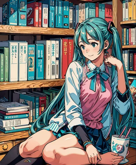 (masterpiece、highest quality、highest quality、official art、beautiful beautiful:1.2)、(1 girl:1.3)Hatsune Miku、twin tails,library、I read a book、beautiful breasts、Large bookshelf