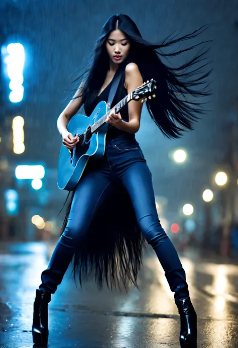 (A beautiful Asian girl plays the guitar crazily), Extra long black straight hair, High end black turtleneck tights, skinny jeans, Beautiful blue high heels, fender fender guitar, dynamic action, (The fragrance sandwiched between the strings: 0.65), backgr...