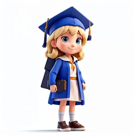 A female student stands with a graduation cap and expresses happiness. white background