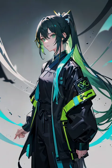 long ponytail、jade-colored hair、black clothes、cyber punk、pants、coat、beautiful boy、japanese clothing