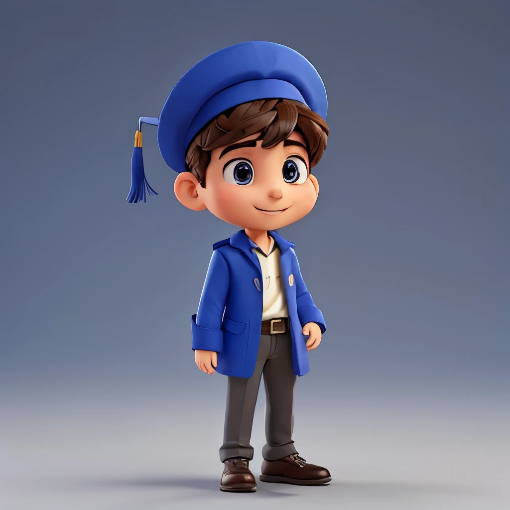 A male student stands in a blue graduation cap and expresses his joy. white background