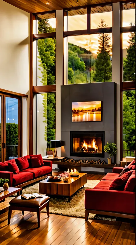 describe a room in a pleasant house, prepared for a romantic dinner by the warm glow of candles and the fireplace, with a large ...