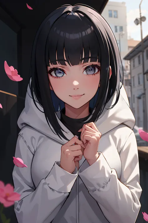 beautiful, masterpiece, best quality, extremely detailed face, perfect lighting, 1 girl, hinexista, hyuuga hinexista, Bangs, empty_Eye, Black_hair, blunt_Bangs, grey Eye, gray sleeves, scarf_about_neck, high resolution, Ji Qie, hooded_cardigan, long sleeve...