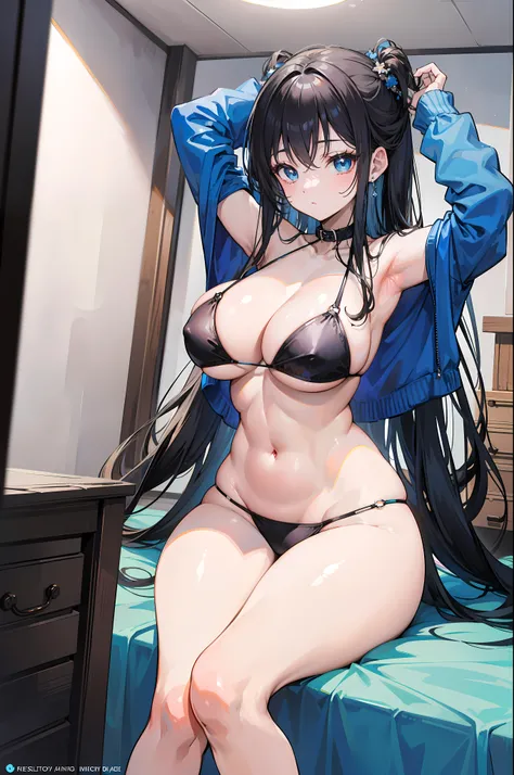 top quality、masterpiece、1girl bikini、women sexy、with an ugly body、cute anime illustration、milf , (black long hair) , (blue eyes) , (room) ,(black bikini) , (big bust:1.2) , (wide hips)