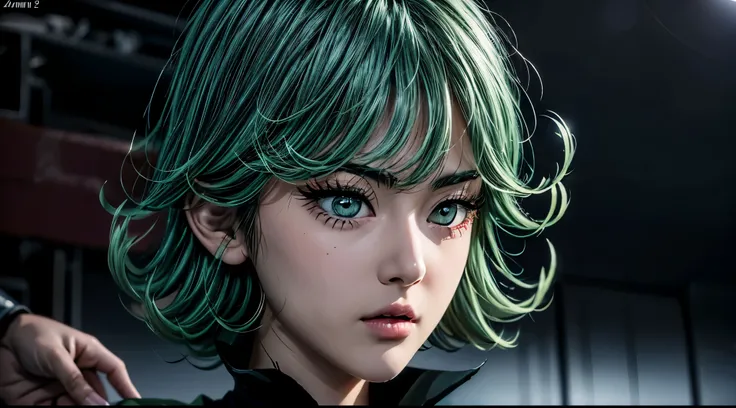 there is a woman as tall as 14 years old asian girl, anime girl in real life, photorealistic anime girl render, ig model | artgerm,Tatsumaki from one punch man, green hime cut hair, with short hair, realistic artstyle, masayoshi suto and artgerm, 8k, High ...
