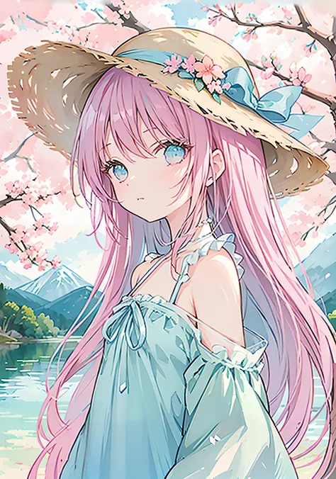 {masterpiece},{best quality},{{illustration}},
(watercolor:1.2),
cute 1girl,straw hat,flowers,
pink hair,blue eyes,very long hair,aqua eyes,flat chest,
closed mouth,faint smile,
(blue dress:1.3),bare shoulders,bow,
upper body,from side,
BREAK
(depth of fie...
